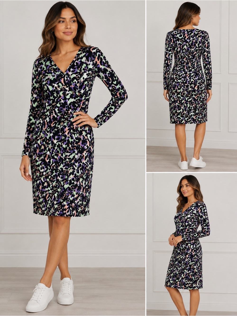 Calvin Klein Multicolor Abstract Floral Long Sleeve V-Neck Sheath Dress